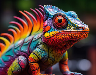 Fototapeta premium escultura de metal de camalón en acrílico, en el estilo de poca profundidad de campo, muralismo mexicano, más animal, esquemas de color realistas, pintura corporal intrincada, imagen uhd, caricatura 