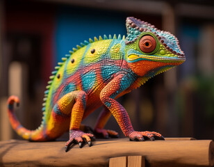 Fototapeta premium escultura de metal de camalón en acrílico, en el estilo de poca profundidad de campo, muralismo mexicano, más animal, esquemas de color realistas, pintura corporal intrincada, imagen uhd, caricatura 