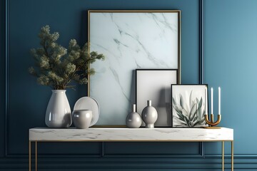 Minimalist living room with empty white picture frame on blue wall, marble console and vases. Ample copy space for photos. 3D rendering. , .highly detailed,   cinematic shot   photo taken by sony   in