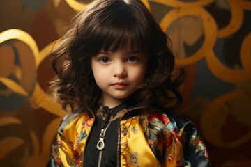 Portrait of a beautiful little girl in a colorful dress on a dark background