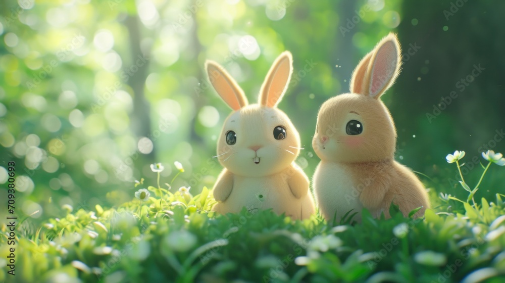 Poster two small rabbits sitting in a field of grass with trees behind them, ai
