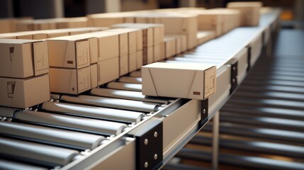The baggage handling system uses conveyer rails, in factories or modern airports. Cardboard box distribution process.