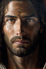 Close-up portrait of a man in the image of Jesus Christ