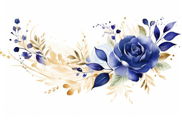 Obraz na płótnie Canvas Floral border with watercolor cobalt and golden roses and leaves on white background