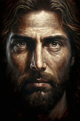 Portrait of Jesus Christ with golden skin on a dark background.
