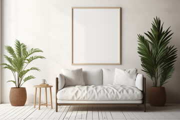 Blank white canvas empty in a boho living room