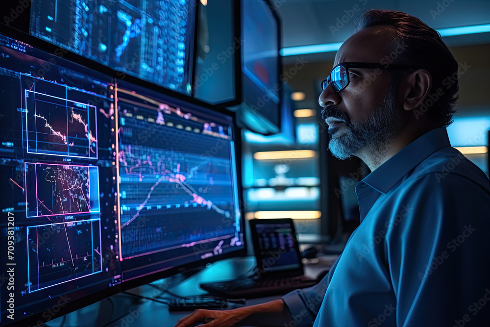Poster a man wearing glasses looks at a computer screen with a graph on it