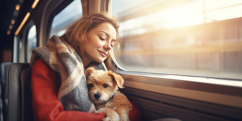 Young woman is traveling by train with her dog. Travel with pets concept - obrazy, fototapety, plakaty