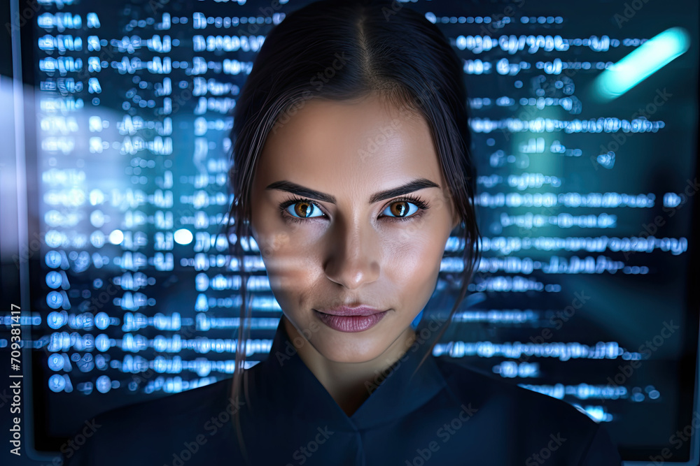 Aufkleber a woman stands in front of a computer screen that has a lot of numbers on it