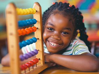 A little girl playing with an abacus is sitting in a kindergarten