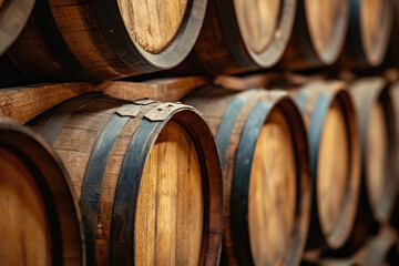 Traditional wooden barrels in vintage wine cellar - obrazy, fototapety, plakaty