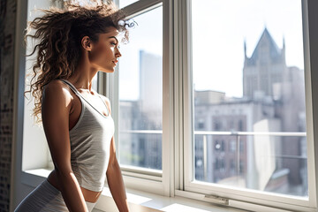 A woman in a white tank top looks out a window - obrazy, fototapety, plakaty