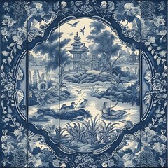 heavy stroke impressionist blue willow chinoiserie repeating pattern