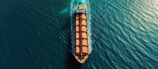Bulk carrier ship visually observed at sea anticipating entrance to port, Aerial perspective. - obrazy, fototapety, plakaty