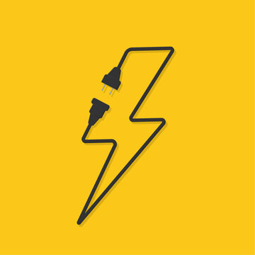 Electrical socket with plug. Electrical extension cord in the form of an electrical sign, lightning. Wires, cables, high voltage sign. Concept of connection and disconnection. Vector illustration.