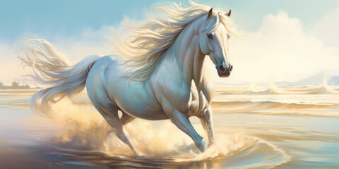 Obraz na płótnie Canvas A white horse runs on sand along an ocean beach, watercolor painting