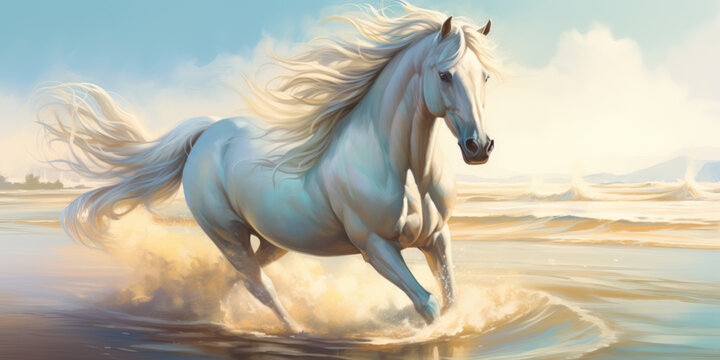 A white horse runs on sand along an ocean beach, watercolor painting