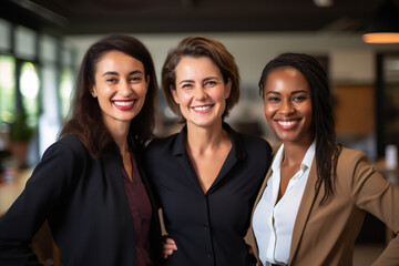 Business women. Portrait of multiracial group of beautiful and happy female employees standing in a modern office. Smiling office workers looking at the camera in a workplace.