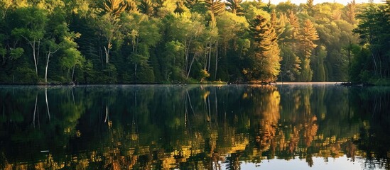 Calm water reflects trees at Northern Michigan lake in summer evening.