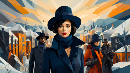 Obraz premium Illustration - well-dressed people in the winter - snow - stylish fashion