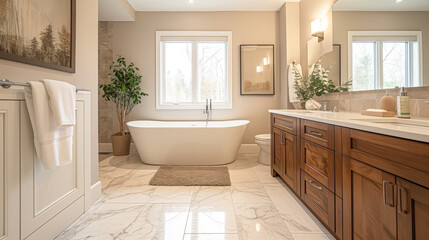 Fototapeta na wymiar Remodeled bathroom interior with a new standalone tub and new cabinets.