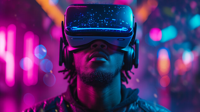 Young man in VR goggles using spatial computing.