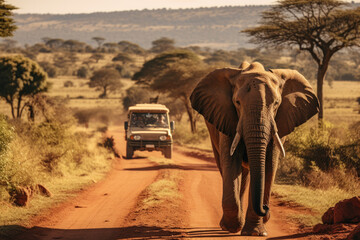 African Elephant Blocking Safari Path
