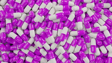 Bunch of pink white capsule pills on a white background - Medicine healthcare medicaments