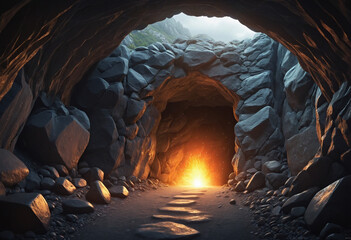 Enchanted Cartoon Cave with Glowing Fire - Abandoned Underground Grotto with Light ahead - obrazy, fototapety, plakaty