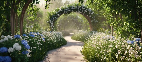Summer blooming garden with white and blue flowers, wooden archway, and curvy pathway. - obrazy, fototapety, plakaty