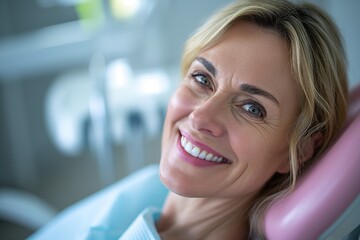 A mature woman poses smiling at the dentist's office.