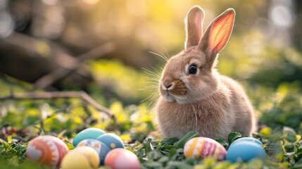 A furry rabbit watches over the Easter eggs on the grass.