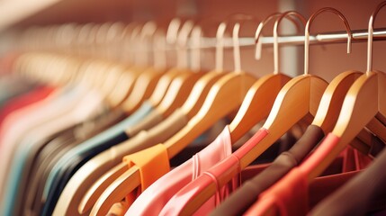 Fototapeta premium Clothes hanging on display hanger in the boutique. The latest trendy fashion models. Beauty fashion women shopping. Black friday discount event.