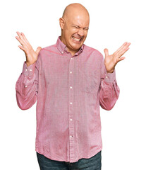 Middle age bald man wearing casual clothes celebrating mad and crazy for success with arms raised...