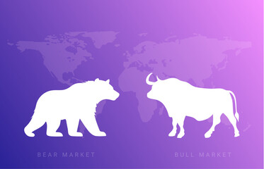 Bull bear market stock trade design. Bullish forex bearish market broker trend economic background.