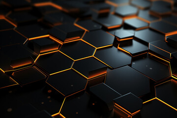 3d rendering of abstract background with hexagons in black and orange color