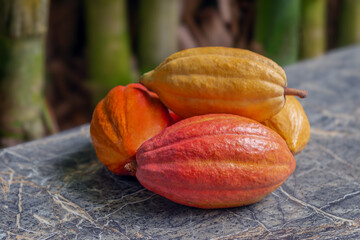 Cocoa pods grouped still close up whole organic marble top
