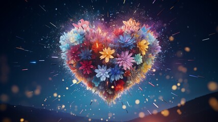 Valentine's Day A heart-shaped firework exploding in a night sky filled with colorful bursts -Generative Ai - obrazy, fototapety, plakaty