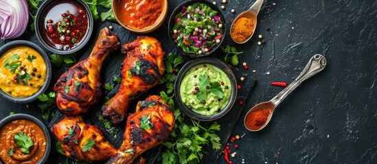 Tandoori chicken legs with chutneys, salad and spices served on spoons.