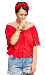 Young brunette woman with short hair wearing casual summer clothes and diadem feeling unwell and coughing as symptom for cold or bronchitis. health care concept.