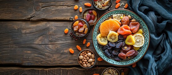 Bird's-eye view of dried fruits from Central Asia in a traditional ceramic bowl on a wooden table - obrazy, fototapety, plakaty