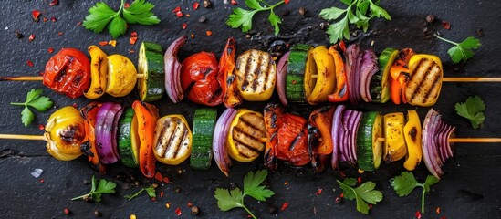 Top view of assorted grilled vegetable vegan skewers. - obrazy, fototapety, plakaty