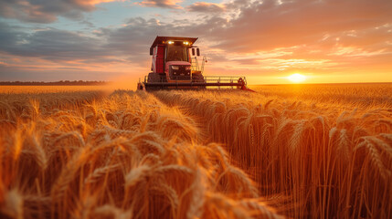 Wheat harvester on the field in the evening.