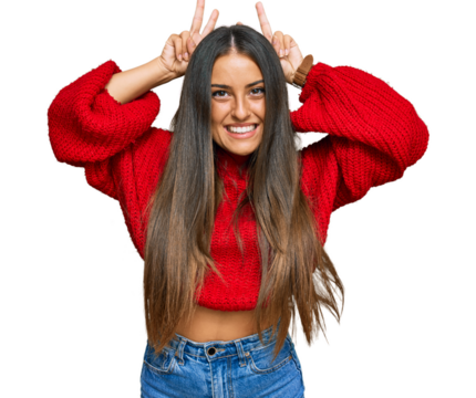 Beautiful hispanic woman wearing casual clothes posing funny and crazy with fingers on head as bunny ears, smiling cheerful