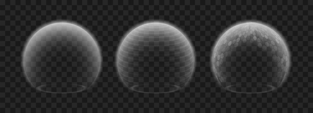 Force field shield bubble set isolated barrier on transparency. Force shield effect immune safety defence firewall futuristic ball