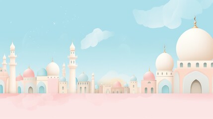 Fototapeta premium Dome mosque islam ramadan illustration, islamic prayer month of Ramadan and eid al fitr, moslem ornament decoration greeting card copy space text background template.