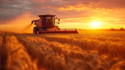 Fototapeta premium Wheat harvester gathering wheat on a field during golden hour.