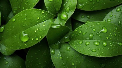 Close up of green leaves wet with morning dew, organic nature background wallpaper.