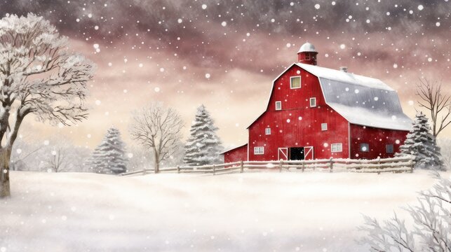 View of Red barn in agricultural field during snowy winter.