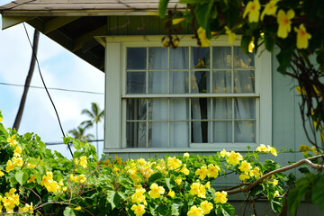 Quaint Wooden House Window Surrounded by Blooming Yellow Flowers on a Sunny Day